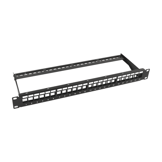 Patch panel modular sin blindaje de 24 puertos, 1U, con barra para organizar cable