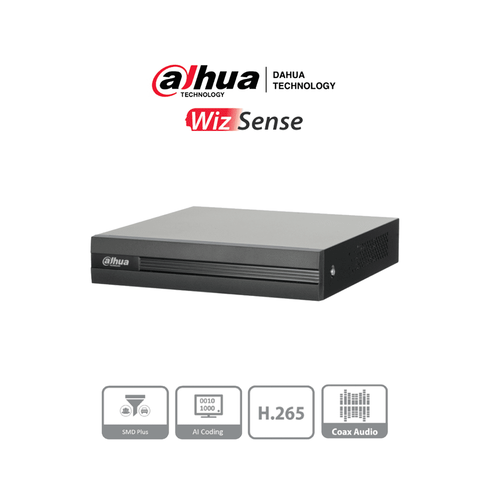 DVR de 8 canales 5MP Lite con WizSense y H.265+. Soporta 8 canales + 4 IP, o hasta 12 canales IP.