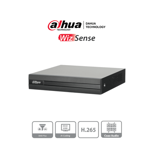 DVR de 8 canales 5MP Lite con WizSense y H.265+. Soporta 8 canales + 4 IP, o hasta 12 canales IP.