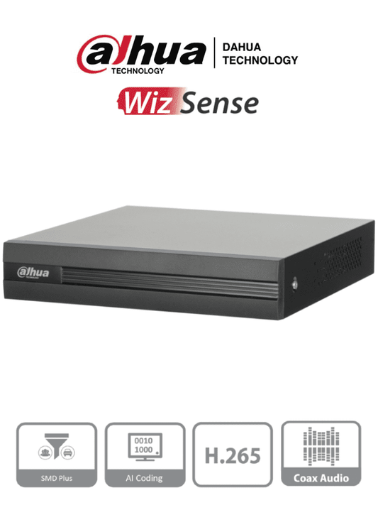 DVR de 8 canales 5MP Lite con WizSense y H.265+. Soporta 8 canales + 4 IP, o hasta 12 canales IP.